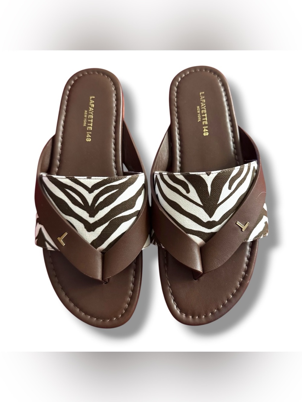 Lafayette 148 New York Zebra Print Brown Leather Thong Sandals Size 6.5